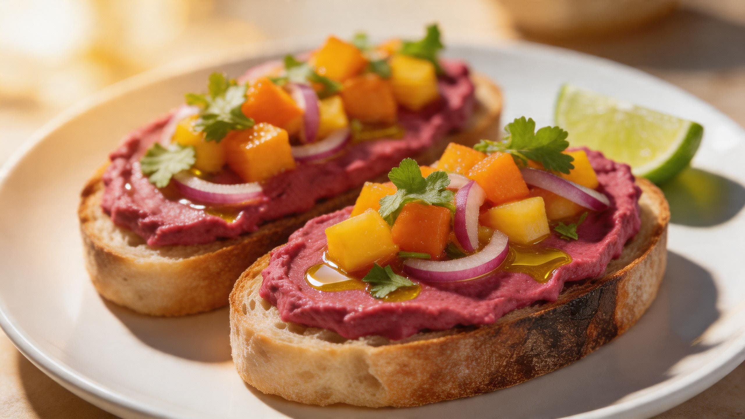 Beetroot Hummus Toast with Mango Salsa
