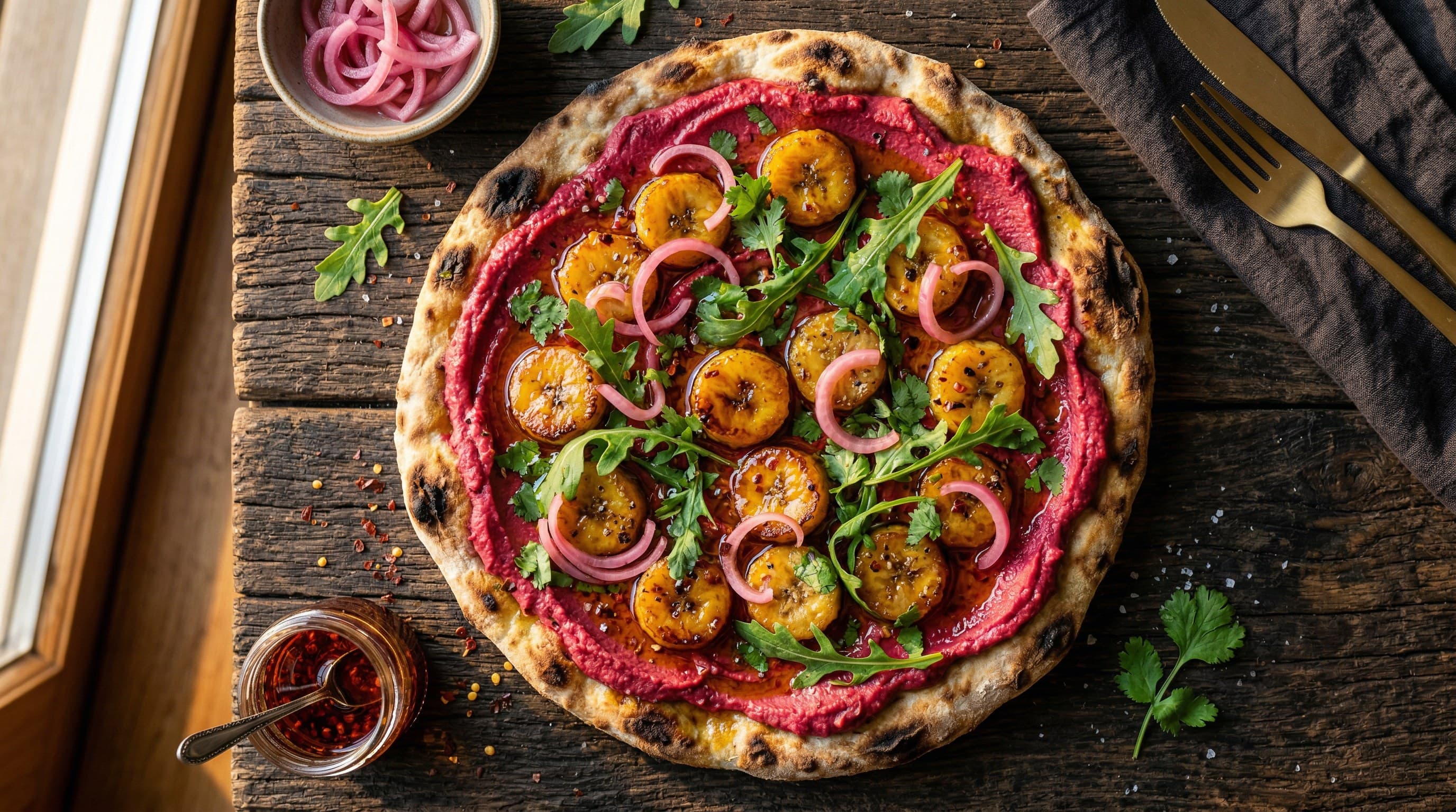 Beetroot Hummus Flatbread with Roasted Plantain and Pickled Onion