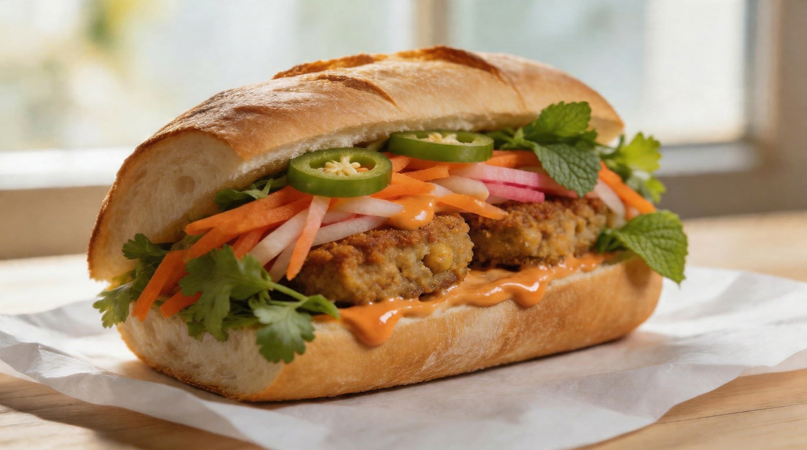 Chickpea Patty Bánh Mì with Pickled Vegetables and Sriracha
