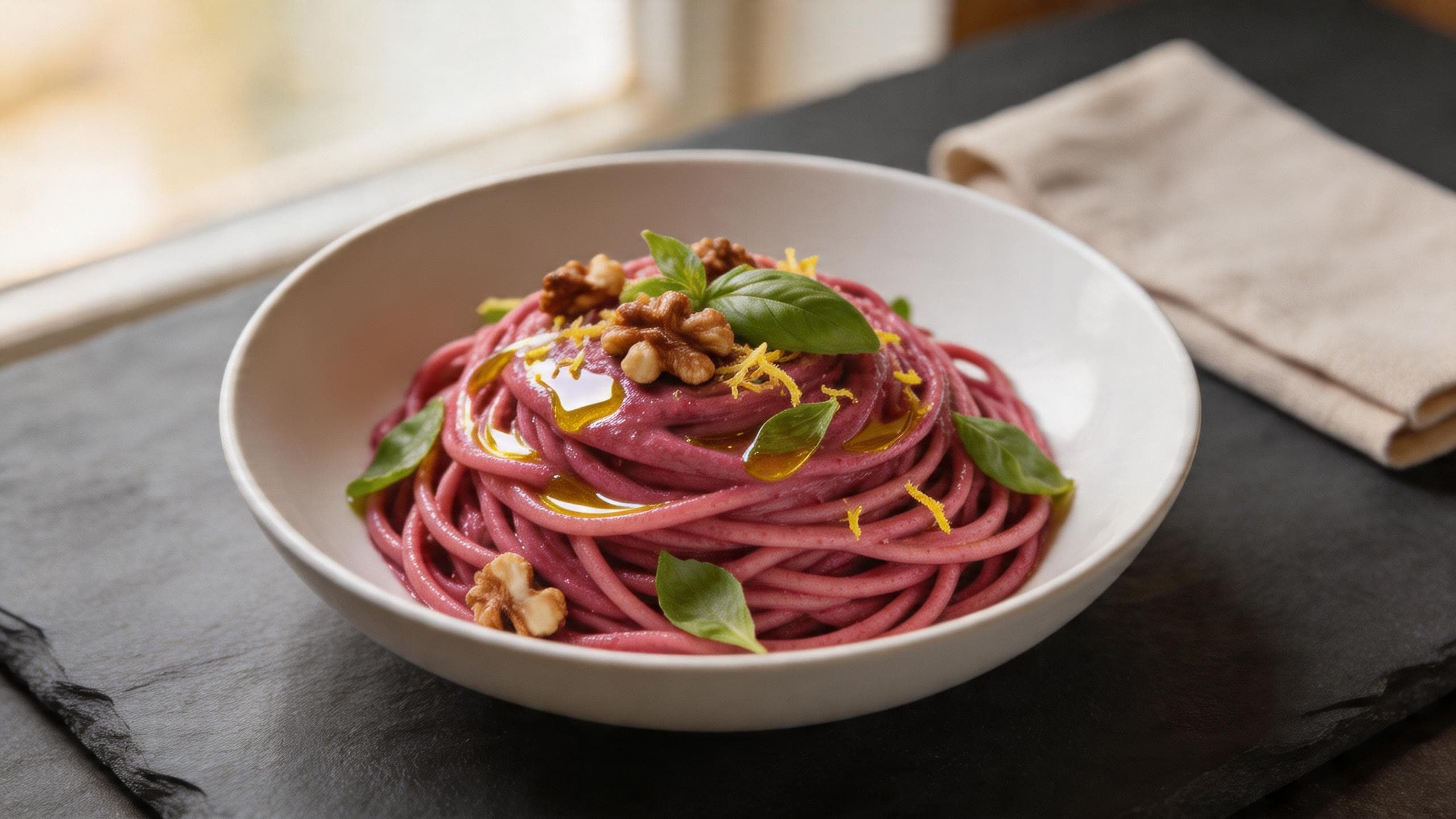 Pink Pasta with Beetroot Hummus and Toasted Walnuts