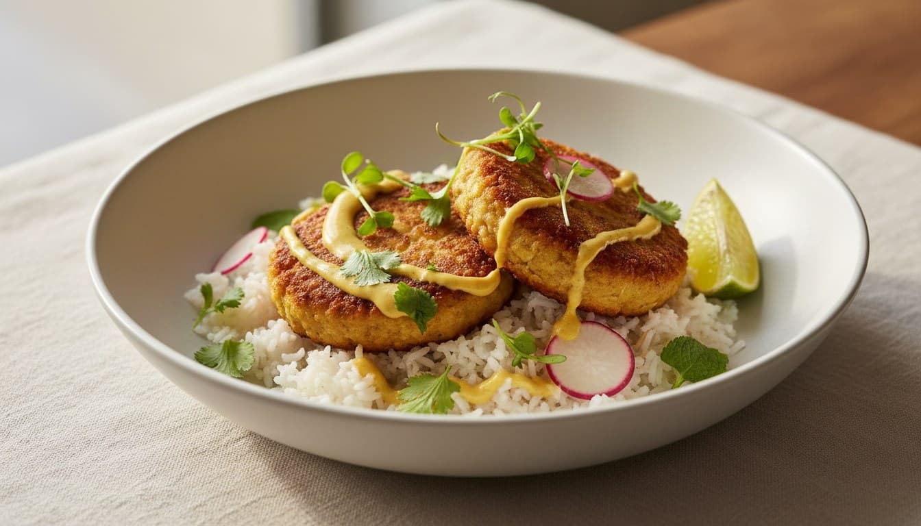 Chickpea Patty Bowl with Coconut Rice and Ají Amarillo Sauce